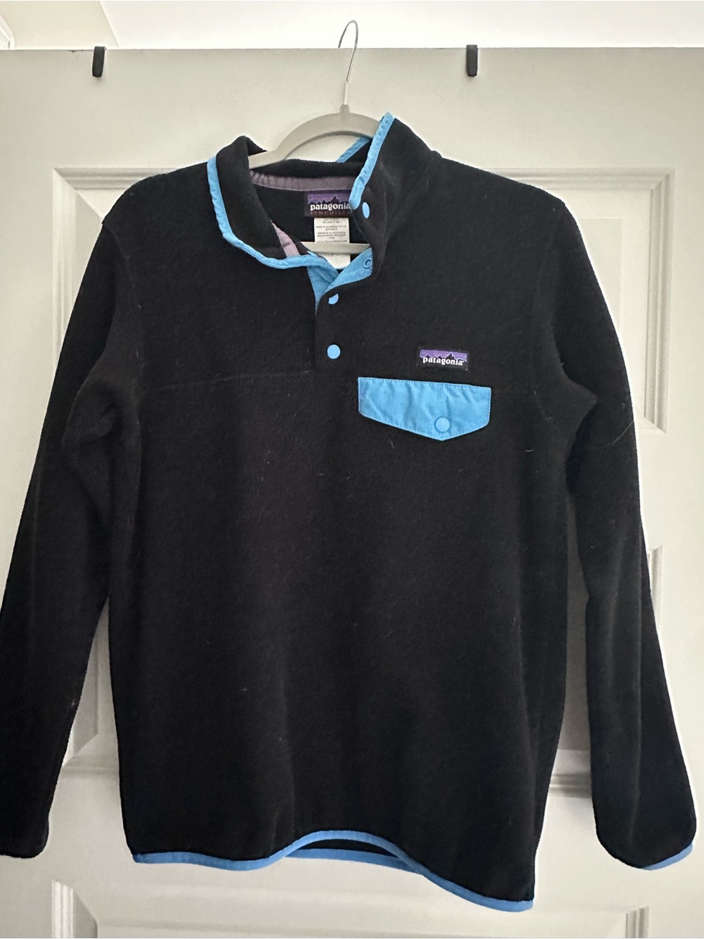 Patagonia Black Fleece Pullover with Light Blue Trim